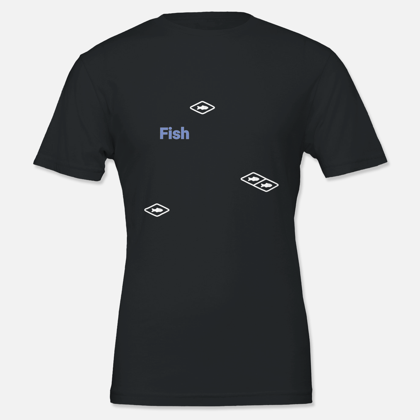 Black T shirt with fish resource printed on, front