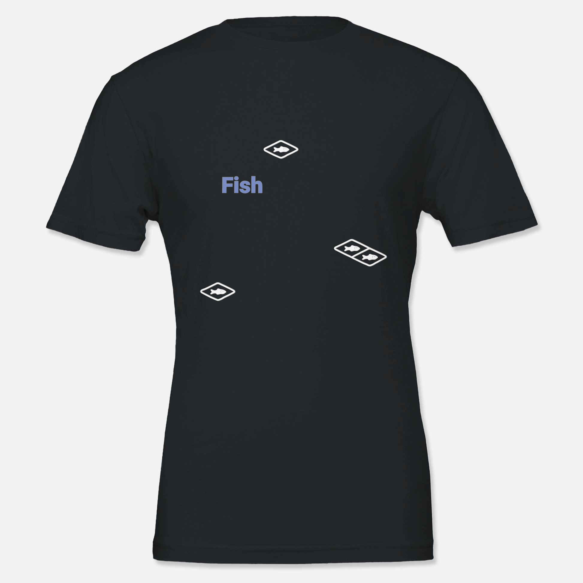 Black T shirt with fish resource printed on, front