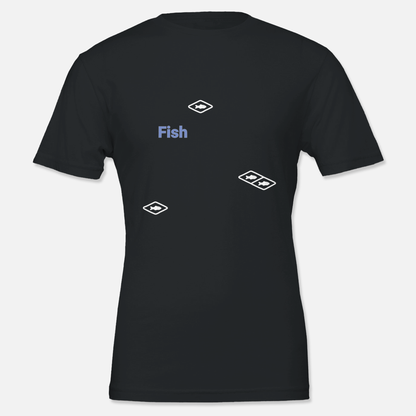 Black T shirt with fish resource printed on, front