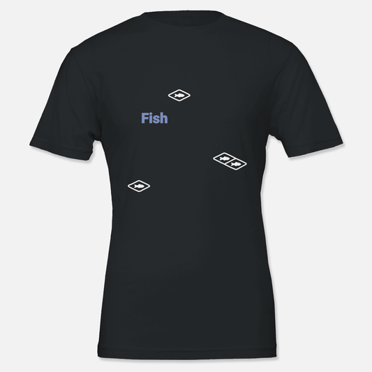 Black T shirt with fish resource printed on, front