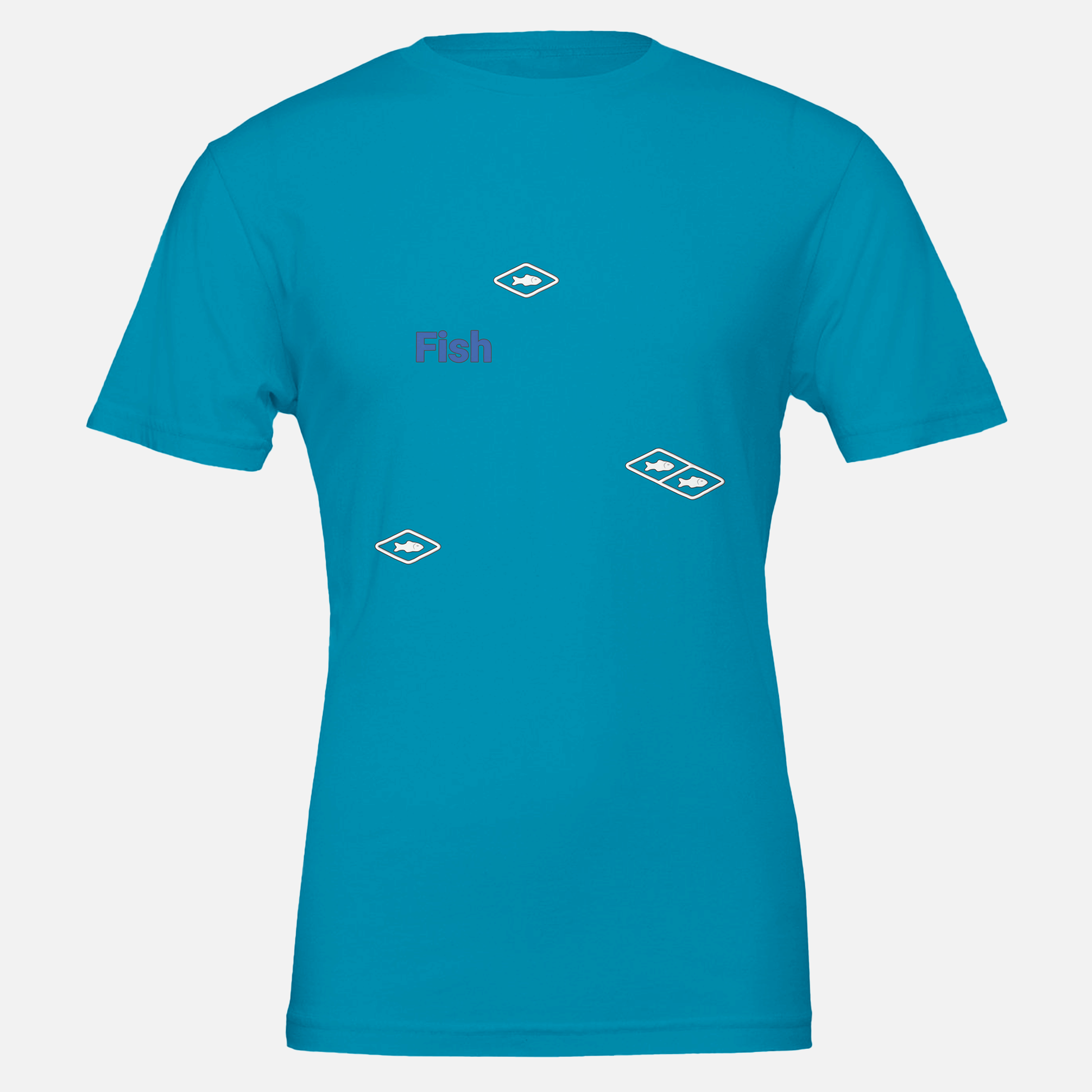 Blue T-shirt with Fish resource printed on, front