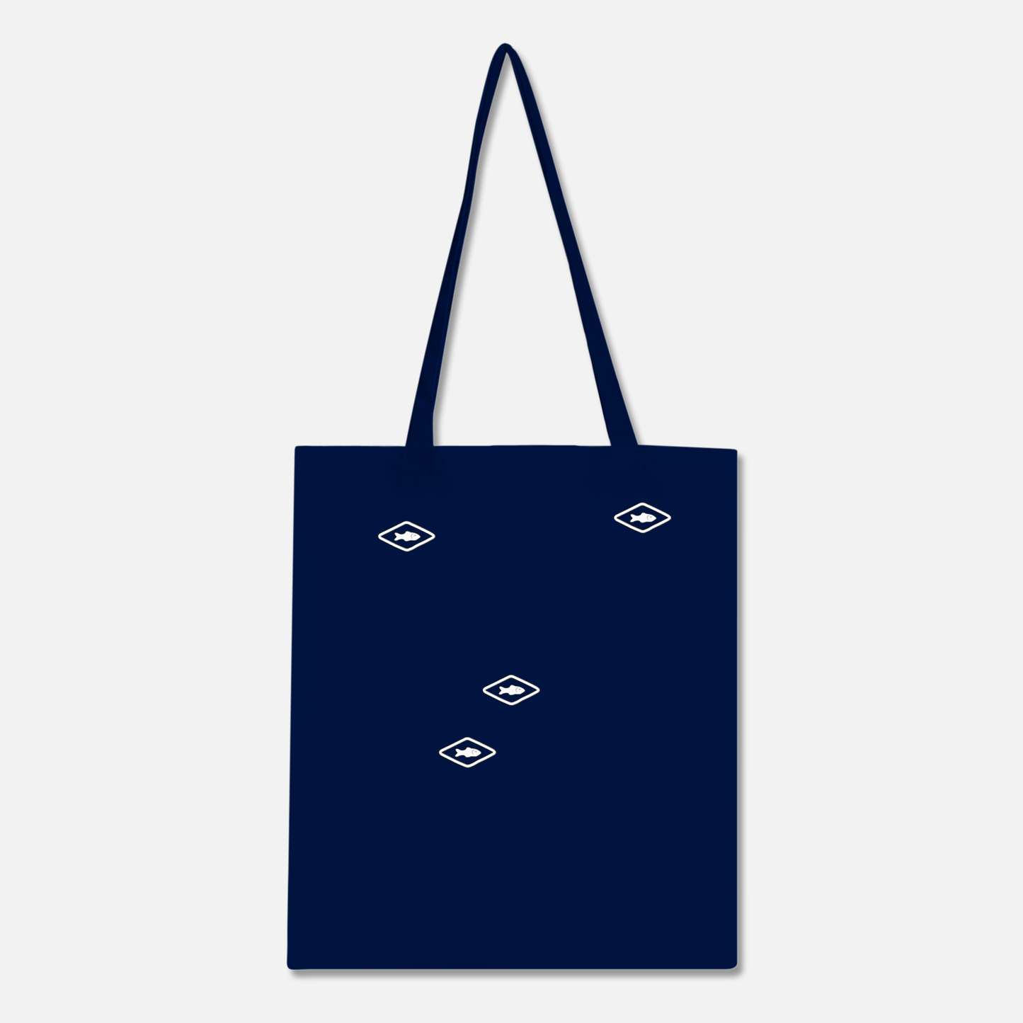 Blue tote bag with fish resource printed on, back