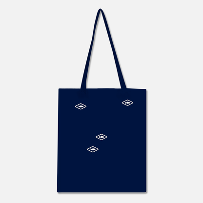 Blue tote bag with fish resource printed on, back
