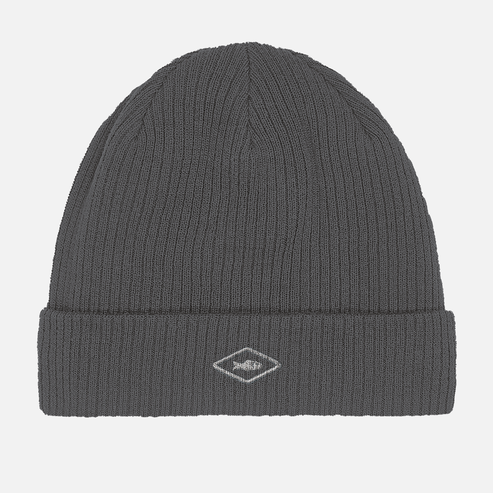Grey Beanie with embroidered Fish resource, front